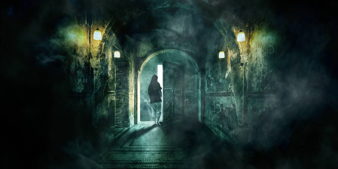 A lone figure stands at a bright doorway in a smoky, dimly lit arched corridor.